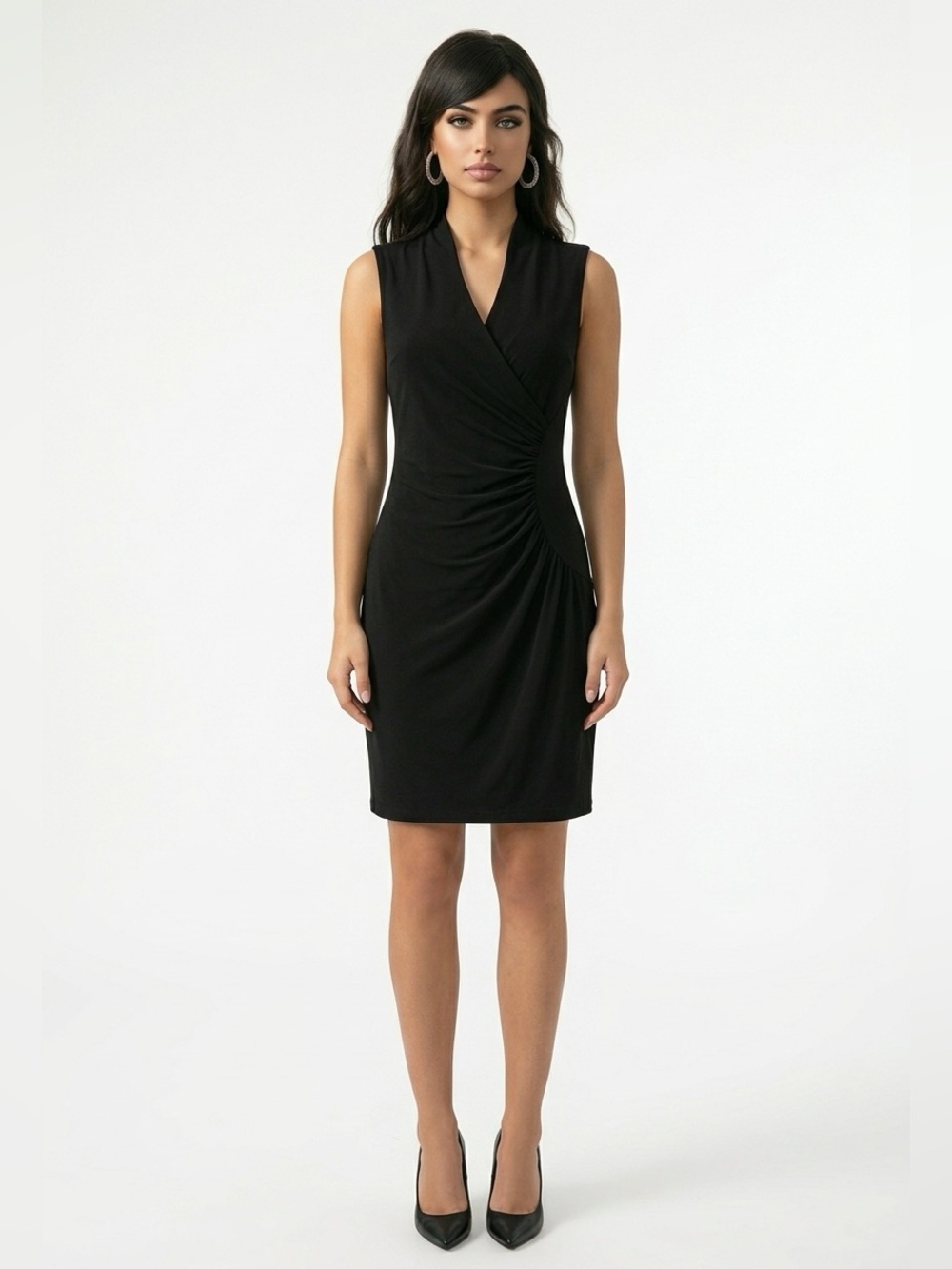Calvin Klein Black Sleeveless Draped Midi Dress with Side Ruching
